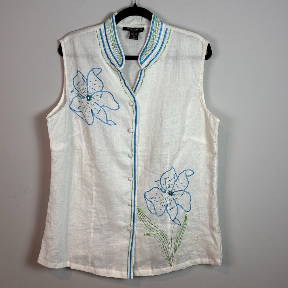 Anne Carson Women's 100% Linen White Floral Embroidered Beaded Sleeveless Top 1X